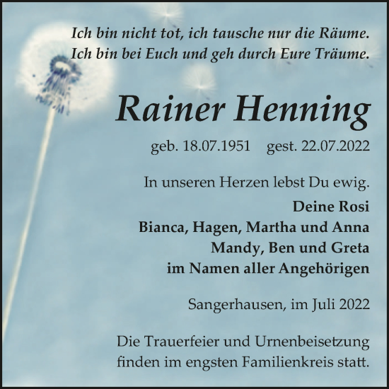 Traueranzeigen Von Rainer Henning Abschied Nehmen De