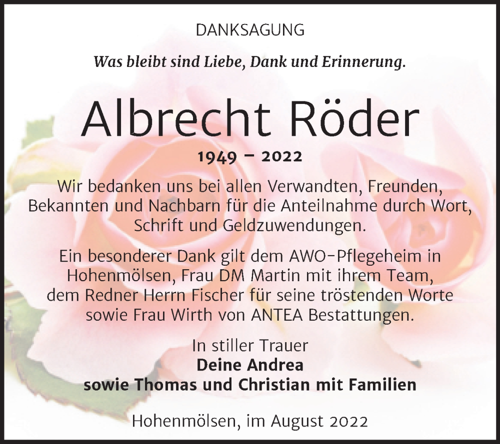 Traueranzeigen von Albrecht Röder abschied nehmen de