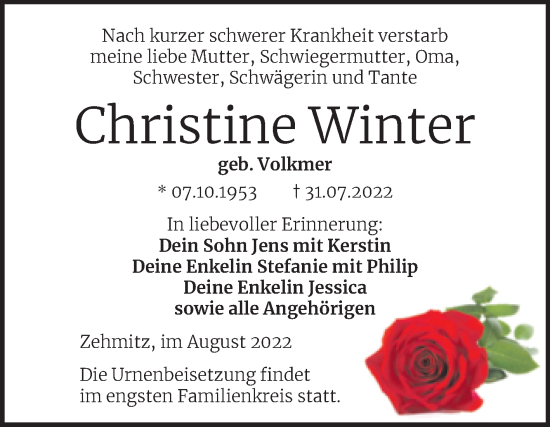 Traueranzeigen Von Christine Winter Abschied Nehmen De