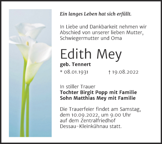 Traueranzeigen Von Edith Mey Abschied Nehmen De