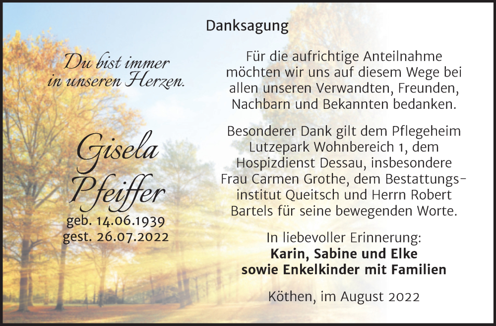 Traueranzeigen Von Gisela Pfeiffer Abschied Nehmen De