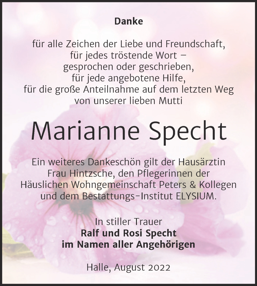 Traueranzeigen Von Marianne Specht Abschied Nehmen De