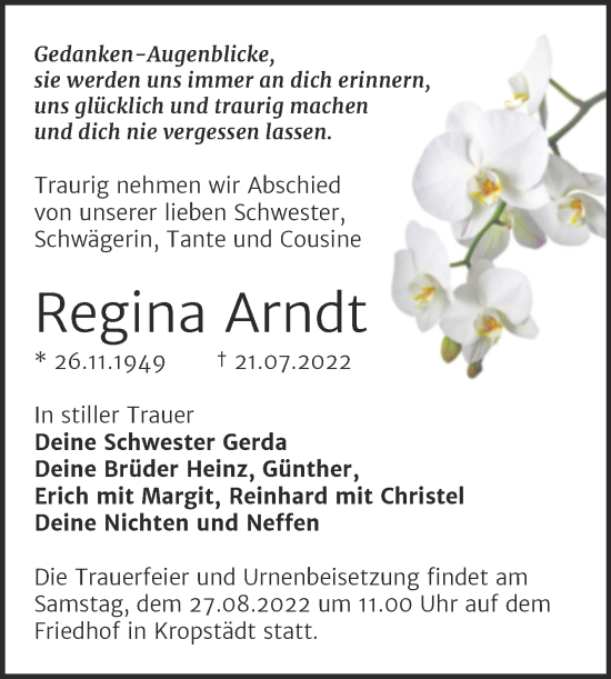 Traueranzeigen Von Regina Arndt Abschied Nehmen De