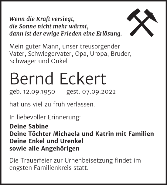 Traueranzeigen Von Bernd Eckert Abschied Nehmen De