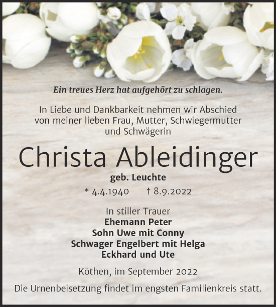 Traueranzeigen Von Christa Ableidinger Abschied Nehmen De