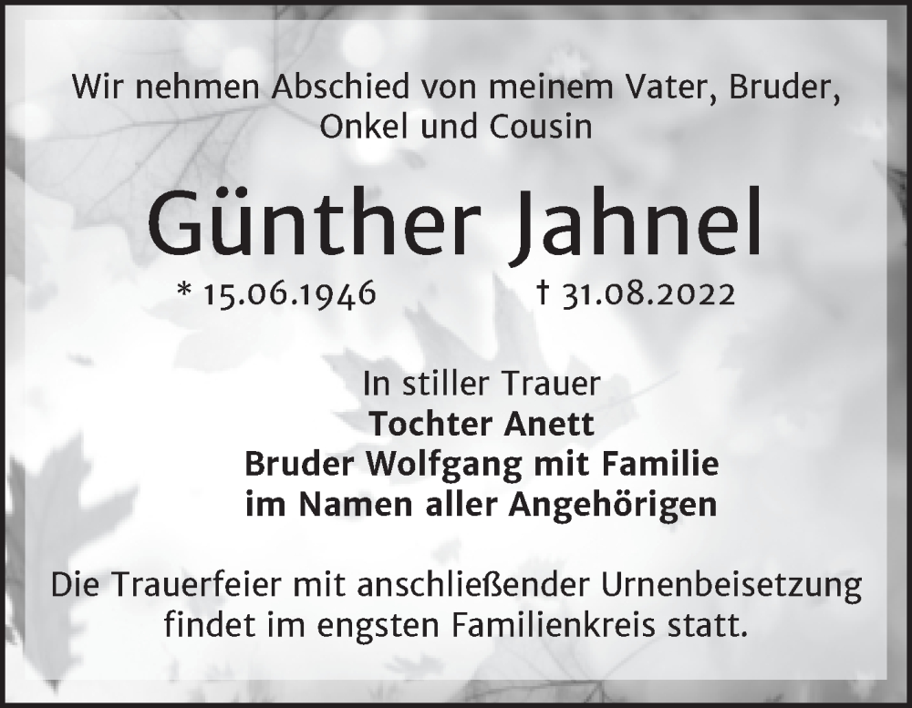 Traueranzeigen von Günther Jahnel abschied nehmen de