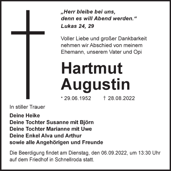 Traueranzeigen Von Hartmut Augustin Abschied Nehmen De