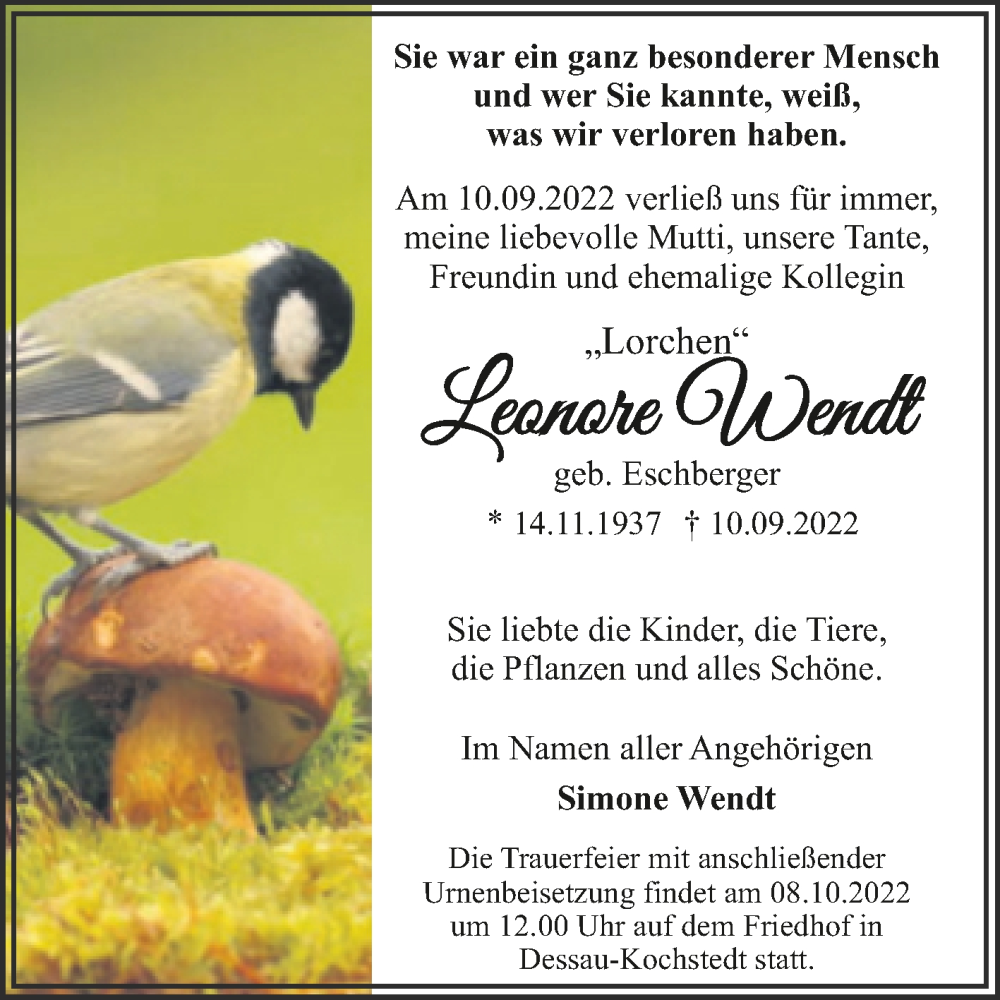 Traueranzeigen Von Leonore Wendt Abschied Nehmen De