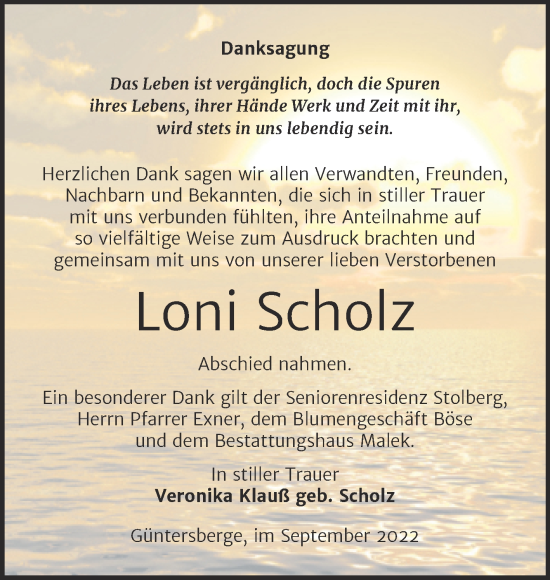 Traueranzeigen Von Loni Scholz Abschied Nehmen De