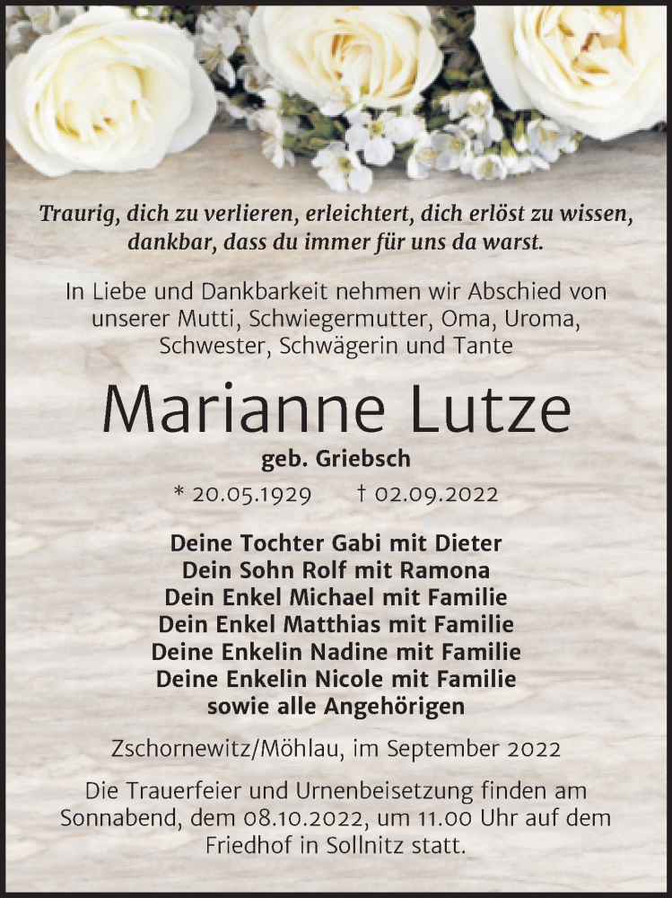 Traueranzeigen Von Marianne Lutze Abschied Nehmen De