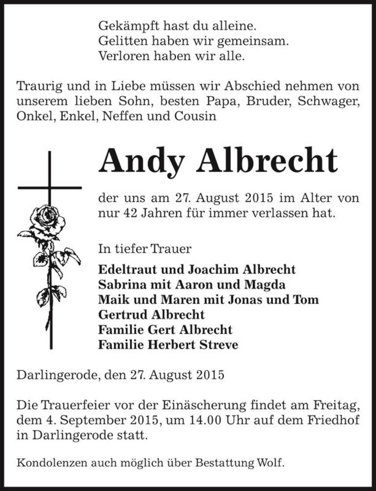 Traueranzeigen Von Andy Albrecht Abschied Nehmen De