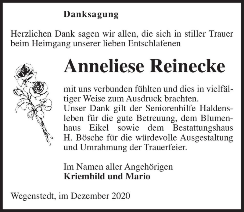 Traueranzeigen Von Anneliese Reinecke Abschied Nehmen De