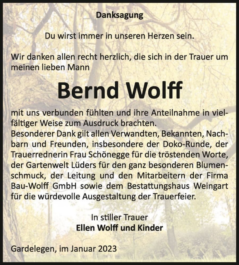 Traueranzeigen Von Bernd Wolff Abschied Nehmen De