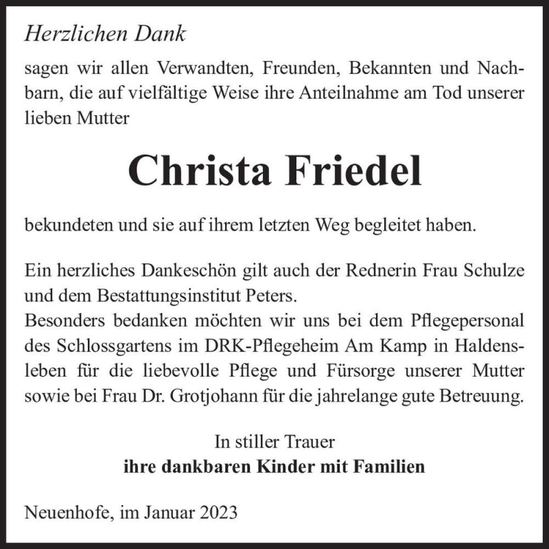 Traueranzeigen Von Christa Friedel Abschied Nehmen De