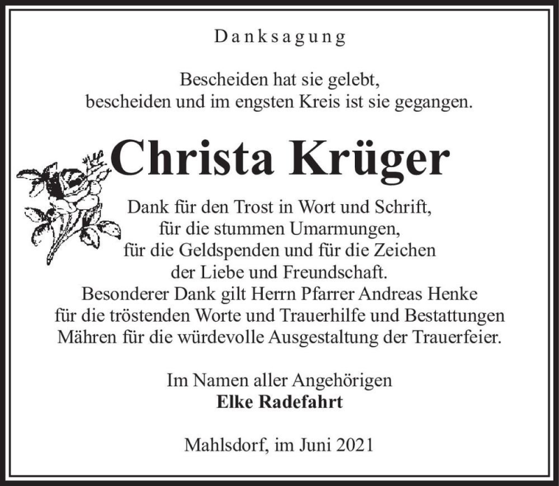 Traueranzeigen Von Christa Kr Ger Abschied Nehmen De