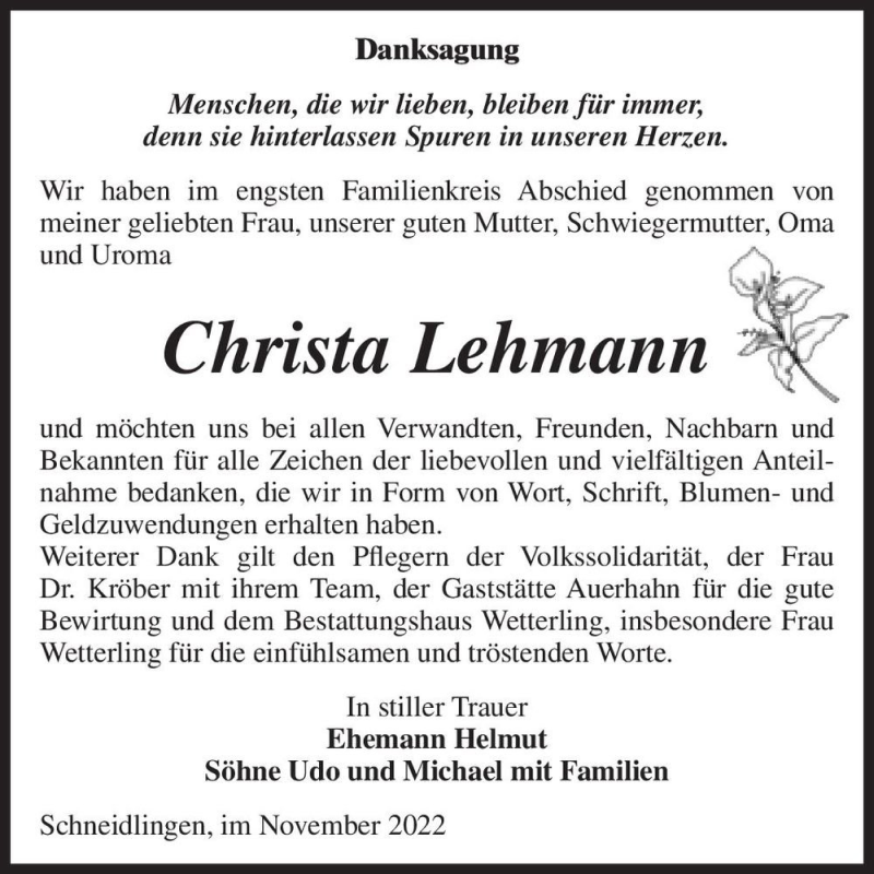 Traueranzeigen Von Christa Lehmann Abschied Nehmen De