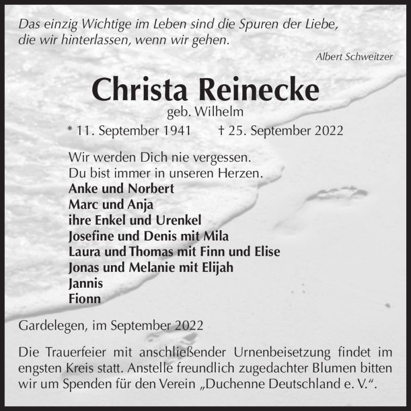 Traueranzeigen Von Christa Reinecke Geb Wilhelm Abschied Nehmen De