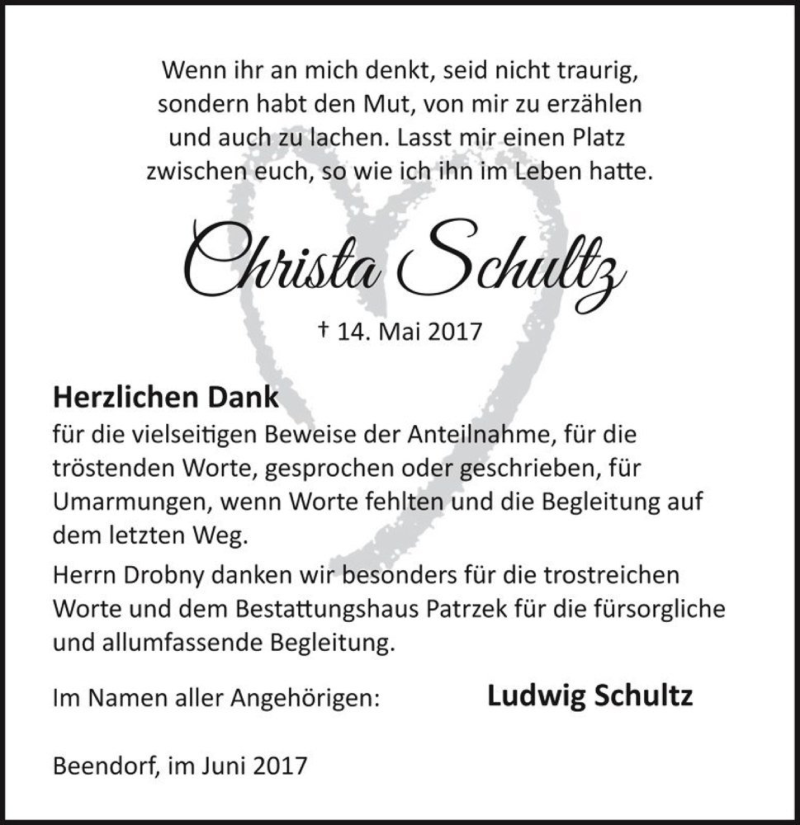 Traueranzeigen Von Christa Schultz Abschied Nehmen De