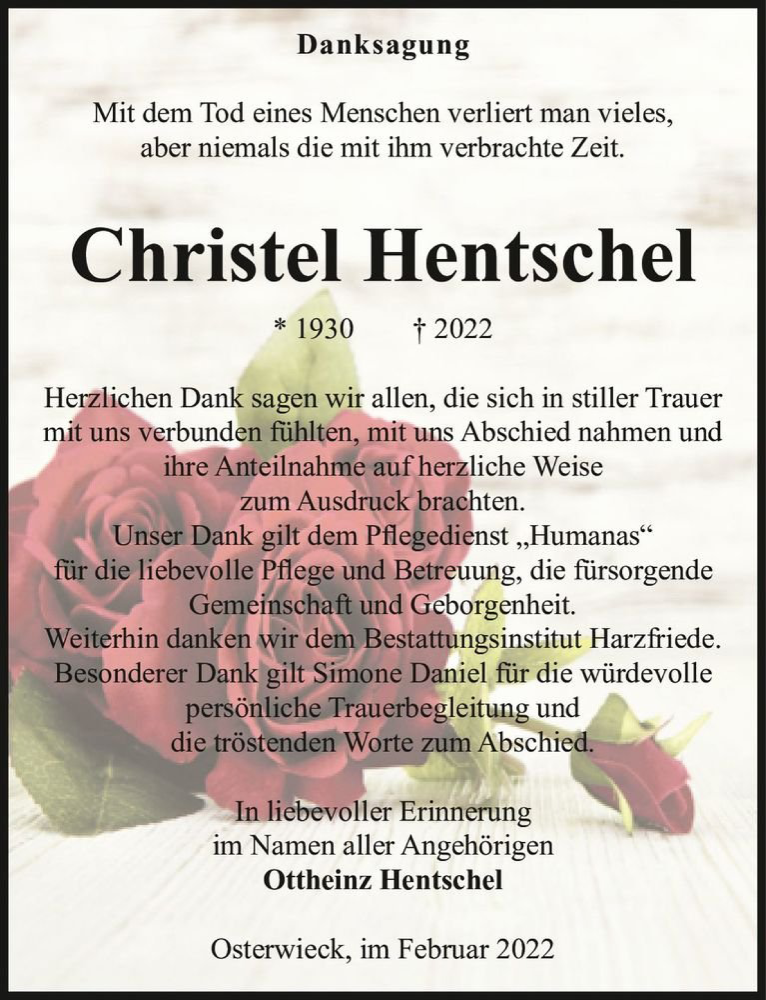 Traueranzeigen Von Christel Hentschel Abschied Nehmen De