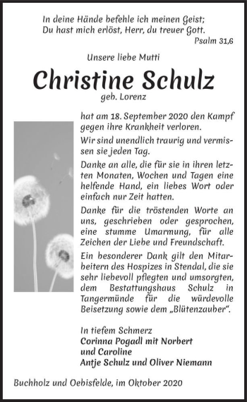 Traueranzeigen Von Christine Schulz Geb Lorenz Abschied Nehmen De