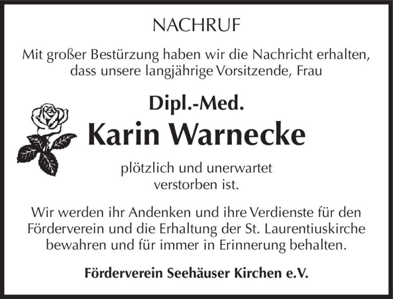 Traueranzeigen Von Dipl Med Karin Warnecke Abschied Nehmen De