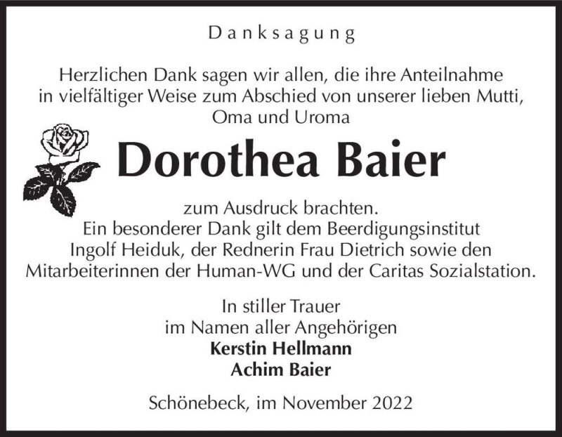 Traueranzeigen Von Dorothea Baier Abschied Nehmen De