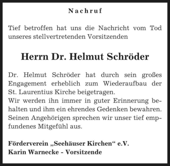 Traueranzeigen Von Dr Helmut Schr Der Abschied Nehmen De