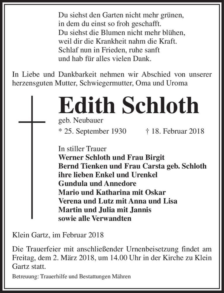 Traueranzeigen Von Edith Schloth Geb Neubauer Abschied Nehmen De