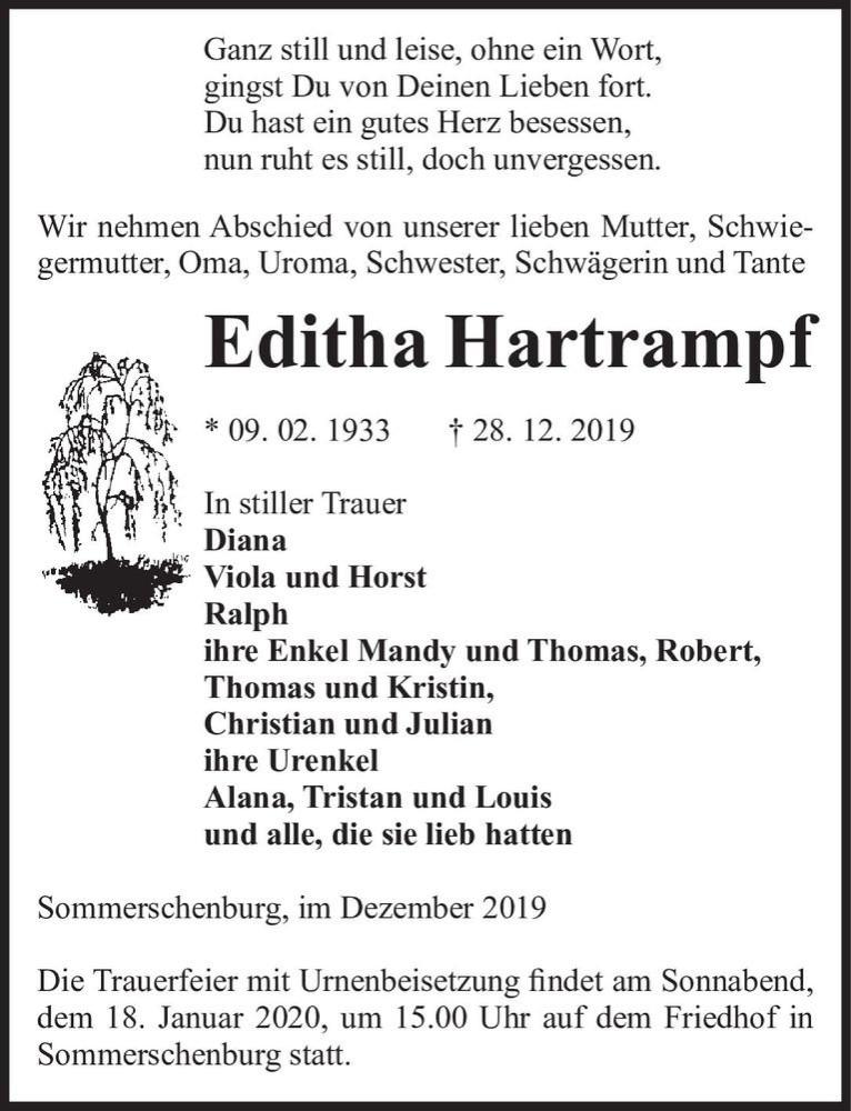 Traueranzeigen Von Editha Hartrampf Abschied Nehmen De