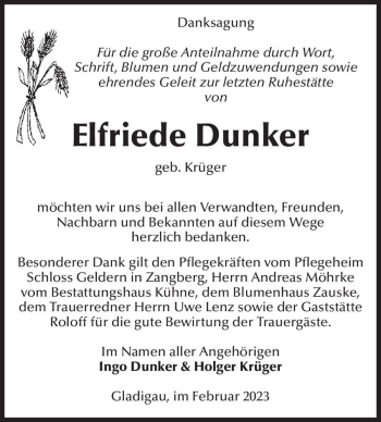 Traueranzeigen von Elfriede Dunker geb Krüger abschied nehmen de