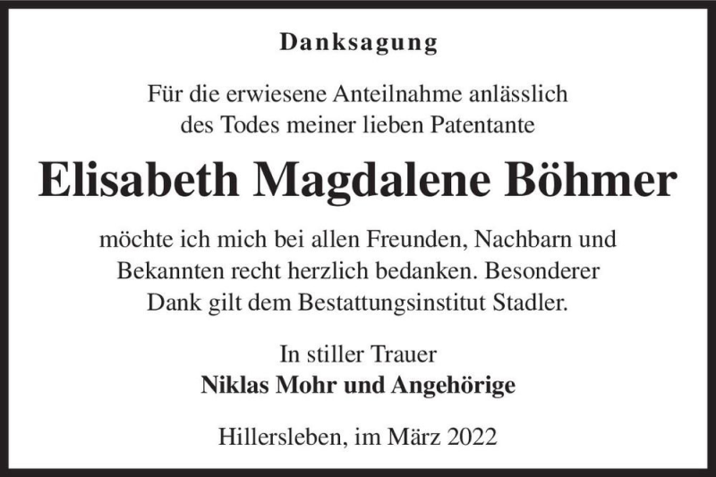 Traueranzeigen Von Elisabeth Magdalene B Hmer Abschied Nehmen De