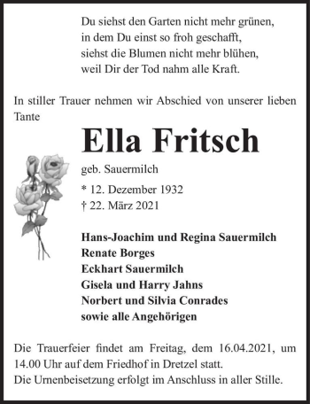 Traueranzeigen Von Ella Fritsch Geb Sauermilch Abschied Nehmen De