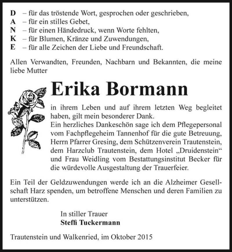 Traueranzeigen Von Erika Bormann Abschied Nehmen De