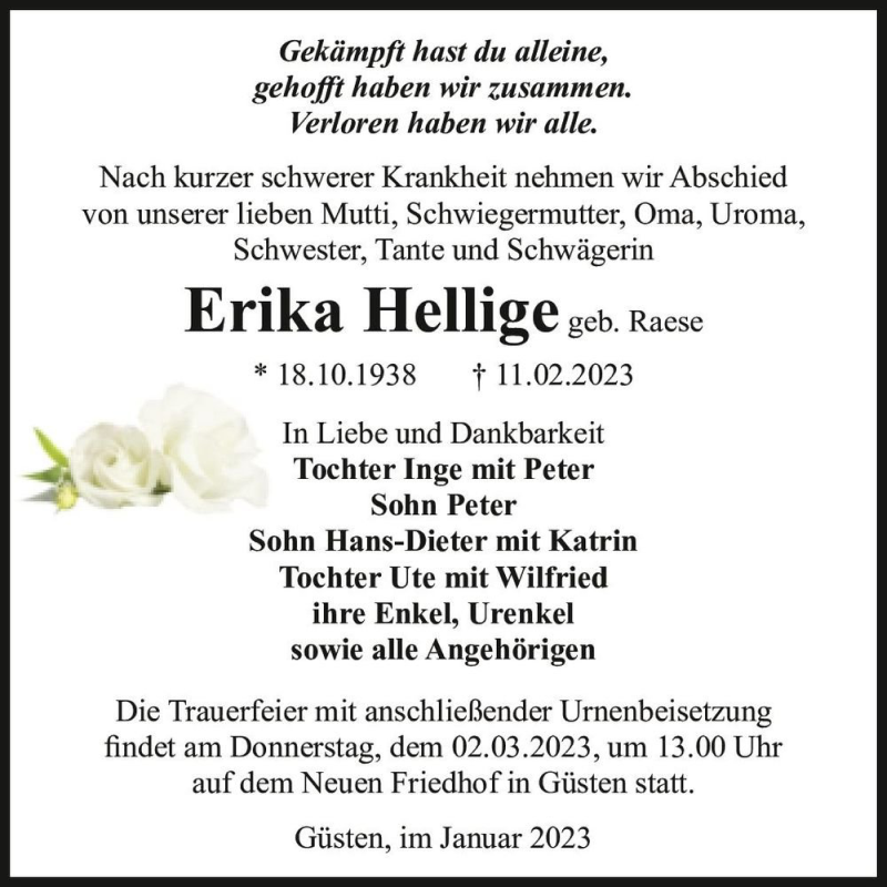 Traueranzeigen Von Erika Hellige Geb Raese Abschied Nehmen De