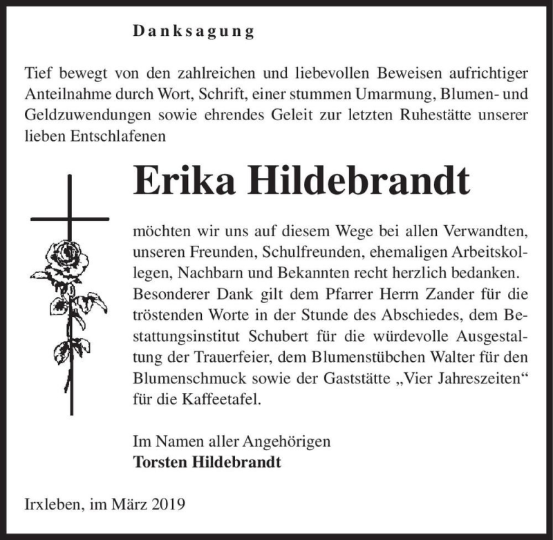 Traueranzeigen Von Erika Hildebrandt Abschied Nehmen De