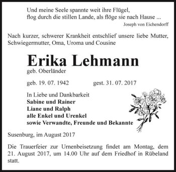 Traueranzeigen von Erika Lehmann geb Oberländer abschied nehmen de