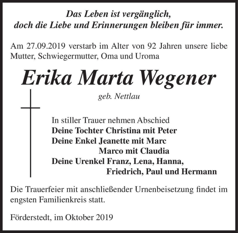 Traueranzeigen Von Erika Marta Wegener Geb Nettlau Abschied