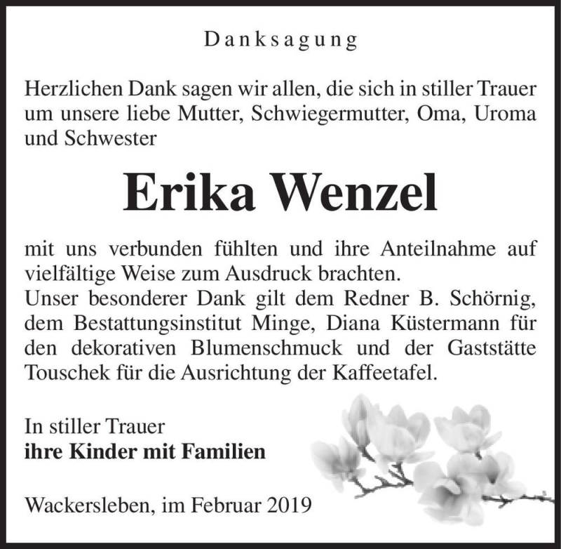 Traueranzeigen Von Erika Wenzel Abschied Nehmen De