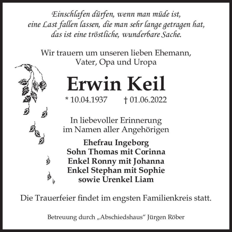 Traueranzeigen Von Erwin Keil Abschied Nehmen De