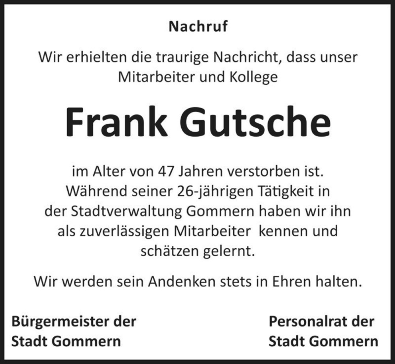 Traueranzeigen Von Frank Gutsche Abschied Nehmen De