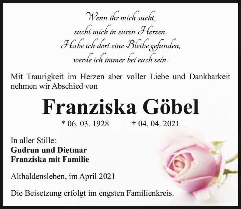 Traueranzeigen Von Franziska G Bel Abschied Nehmen De