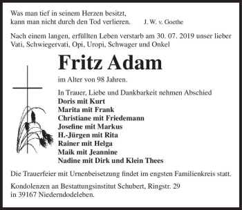 Traueranzeigen Von Fritz Adam Abschied Nehmen De