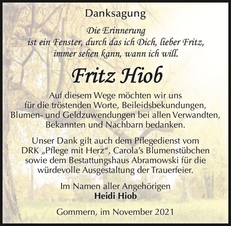 Traueranzeigen Von Fritz Hiob Abschied Nehmen De