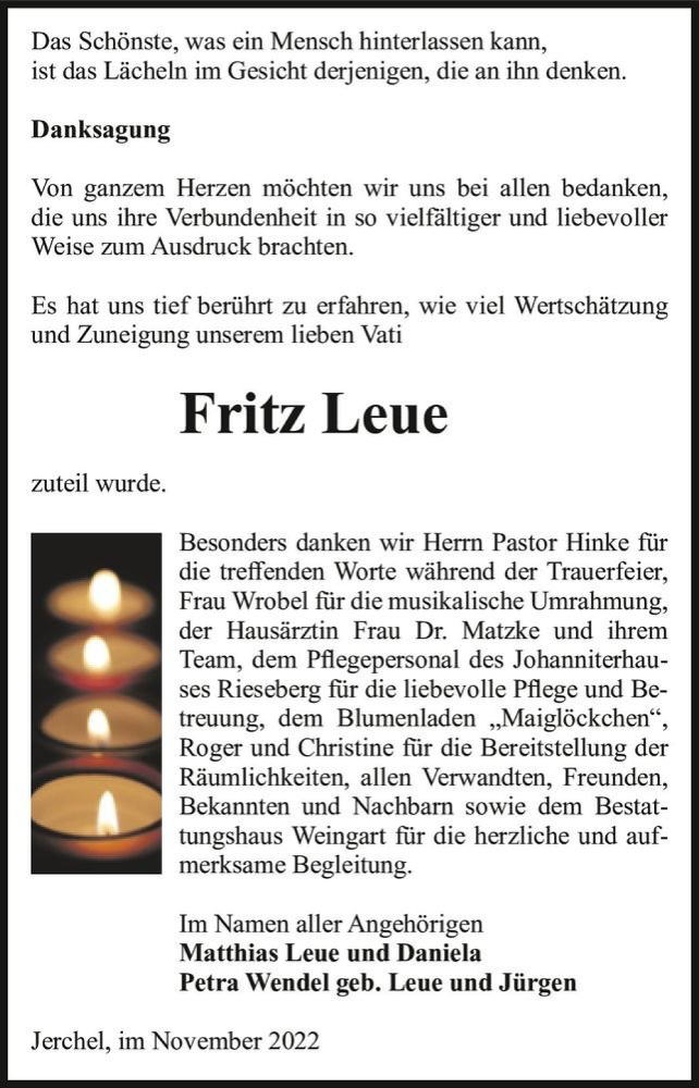 Traueranzeigen Von Fritz Leue Abschied Nehmen De