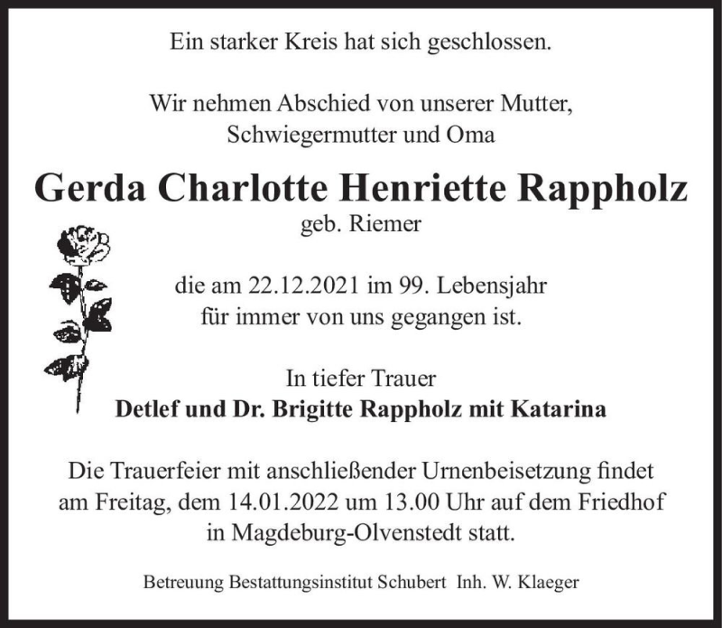 Traueranzeigen Von Gerda Charlotte Henriette Rappholz Geb Riemer