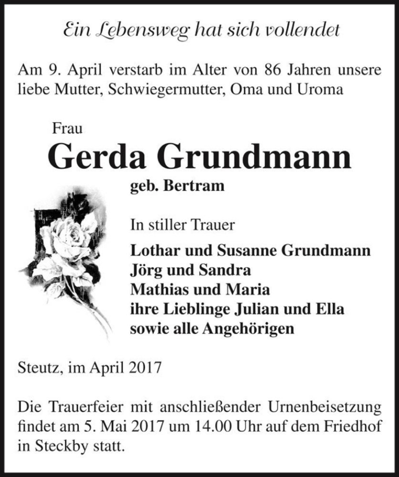 Traueranzeigen Von Gerda Grundmann Geb Bertram Abschied Nehmen De