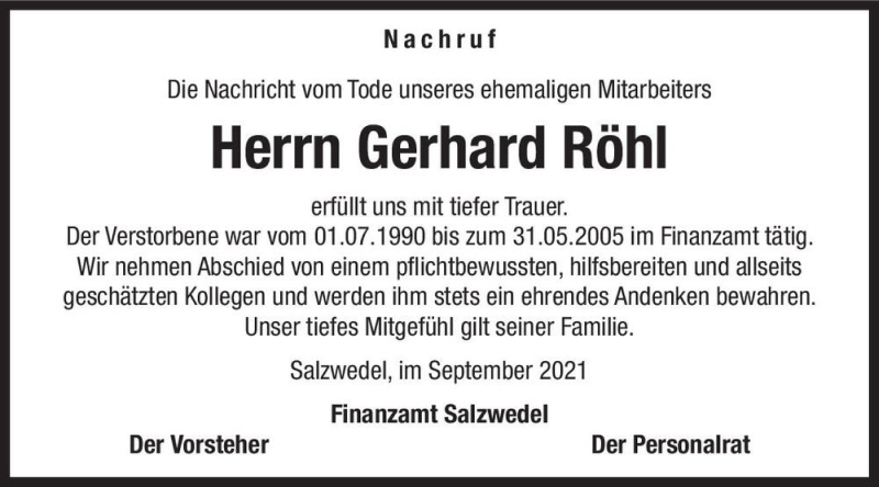 Traueranzeigen von Gerhard Röhl abschied nehmen de