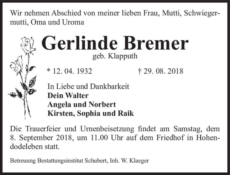 Traueranzeigen Von Gerlinde Bremer Geb Klapputh Abschied Nehmen De