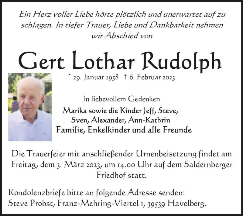 Traueranzeigen Von Gert Lothar Rudolph Abschied Nehmen De