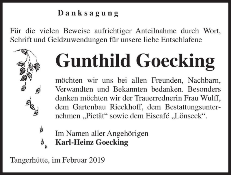 Traueranzeigen Von Gunthild Goecking Abschied Nehmen De